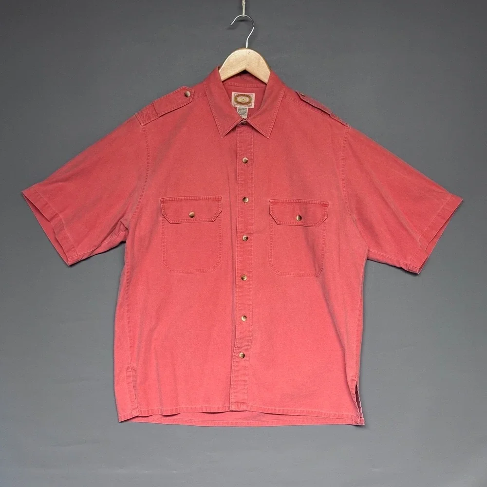 Vintage Banana Republic Safari Shirt Mens Large Red Salmon Pink Cotton Epaulets